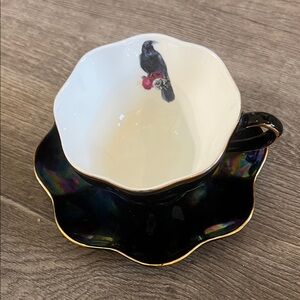 Black and White Teacup with Bird Design